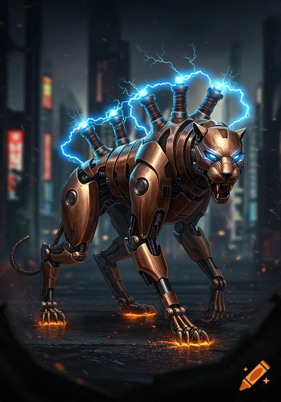 A bronze robotic panther with glowing blue eyes and lightning crackling on its back walks through a dark, blurry city street, leaving glowing paw prints.