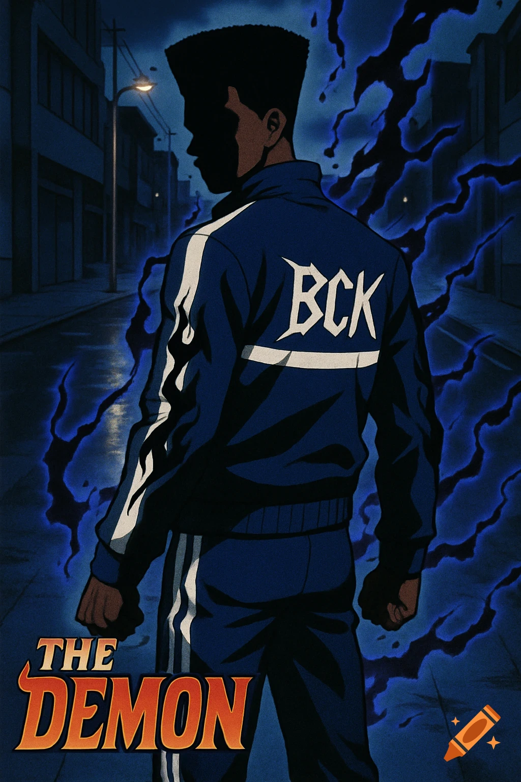 Anime portrait of a silhouetted man in a blue tracksuit with 'BCK' on his back, radiating blue energy on a dark urban street.