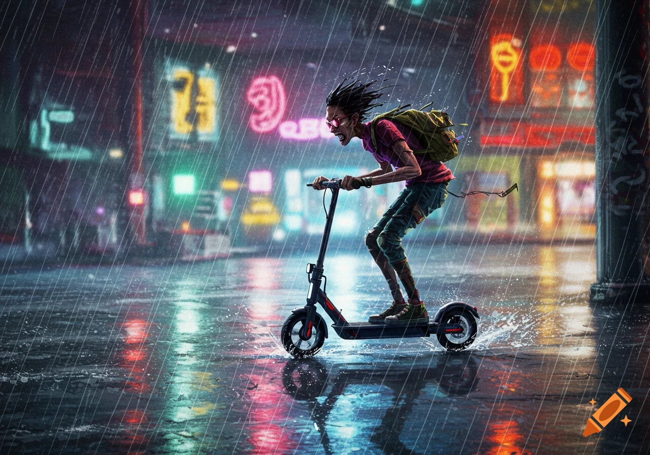 A gaunt, monstrous figure in pink glasses and a backpack speeds on an electric scooter through a rain-soaked city street at night, with neon reflections.