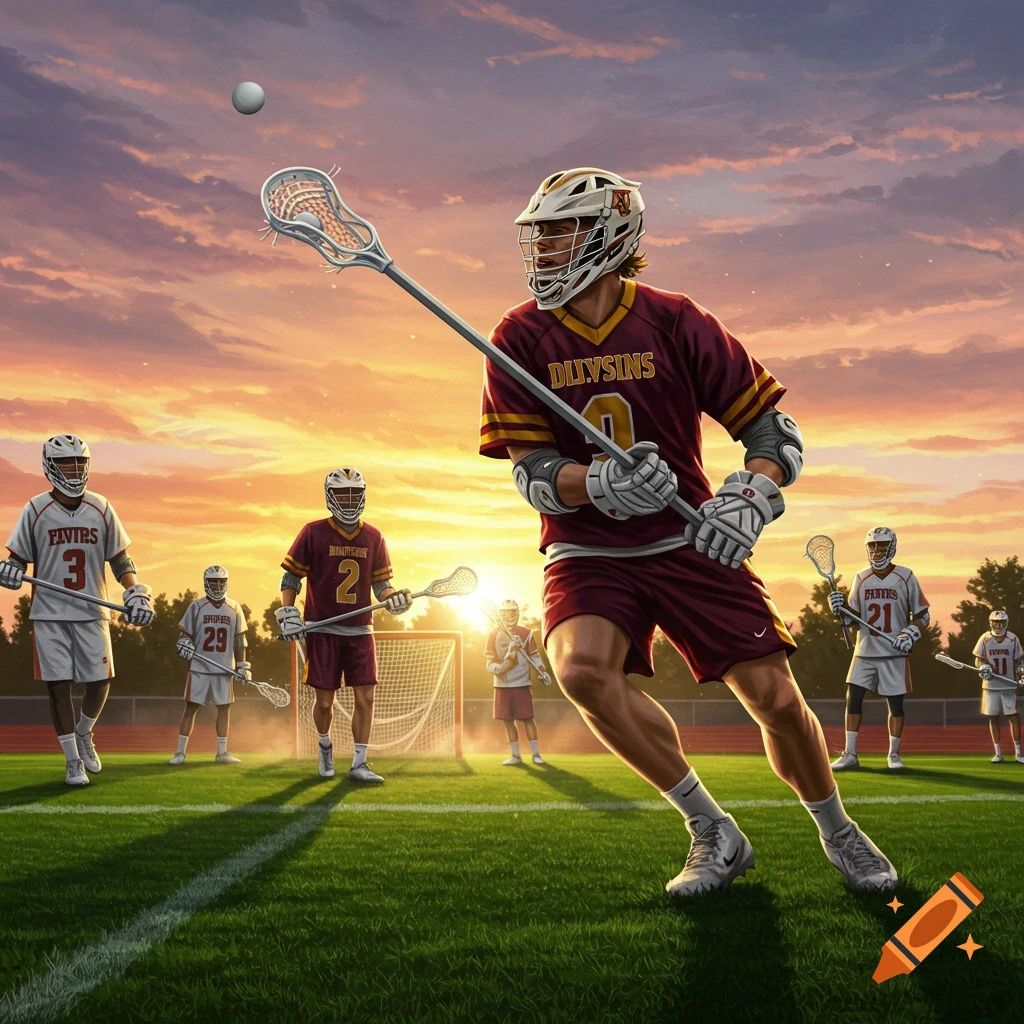 A male lacrosse player in maroon and gold uniform throws the ball, surrounded by other players on a field during a sunset.
