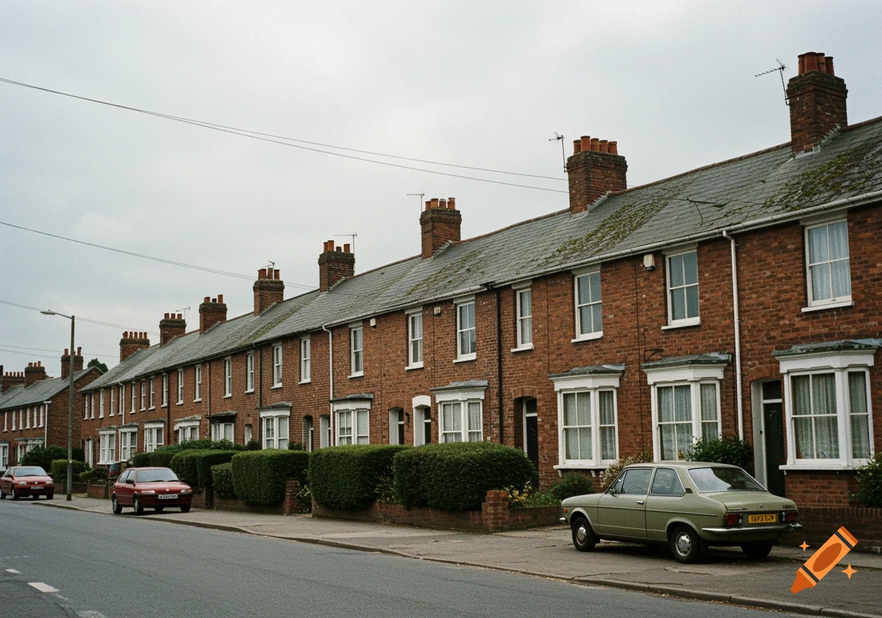 Terraced brick houses line a street with cars parked alongside. A green vintage car is in the foreground.
