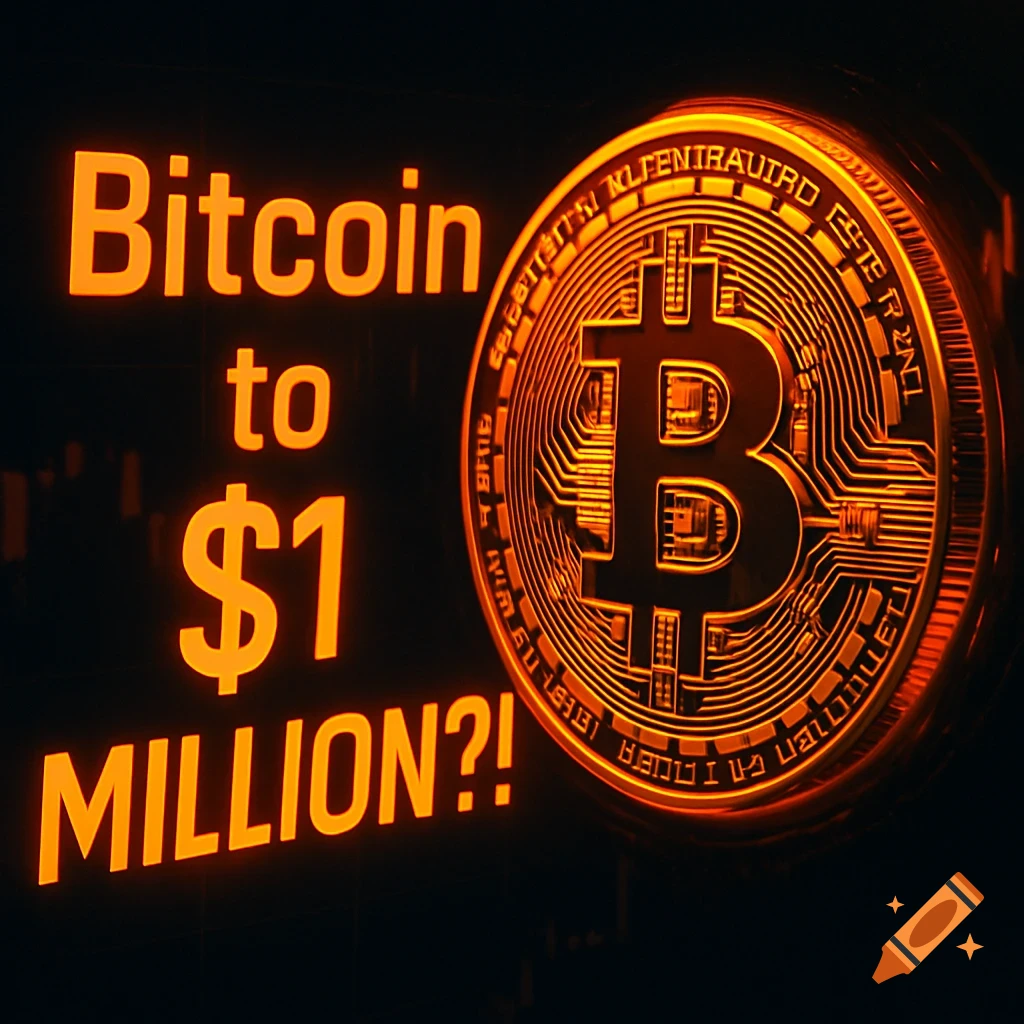 A glowing orange Bitcoin coin next to the bright orange text "Bitcoin to $1 MILLION?!" on a dark background.