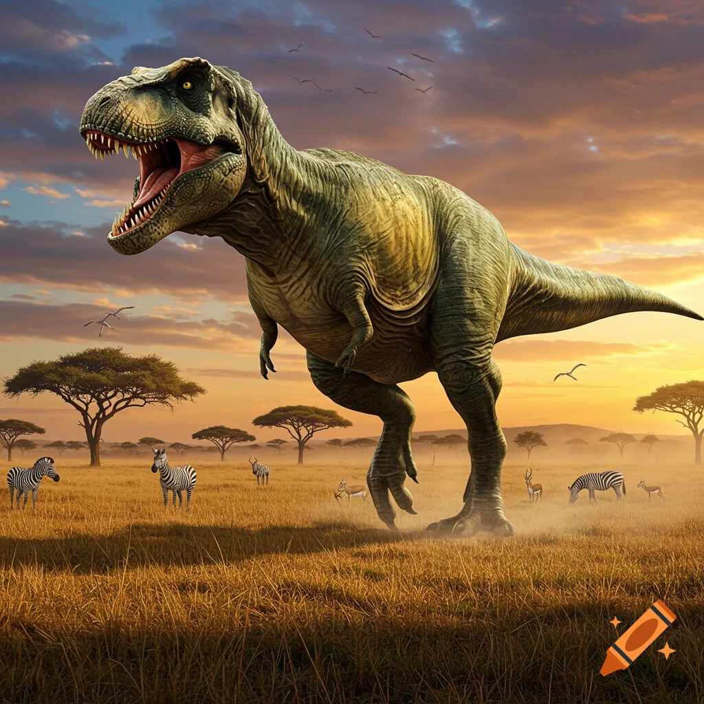 A photorealistic T-Rex stands roaring in a sunlit savannah with acacia trees, zebras, and gazelles under a vibrant sunset sky.