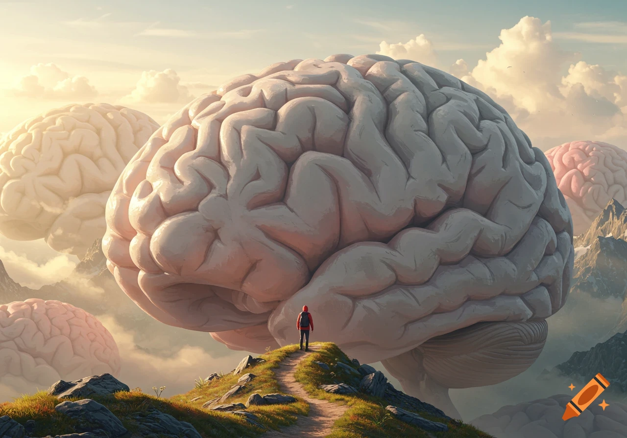 A person hikes up a grassy hill with giant brains floating in a cloudy sky above mountains.