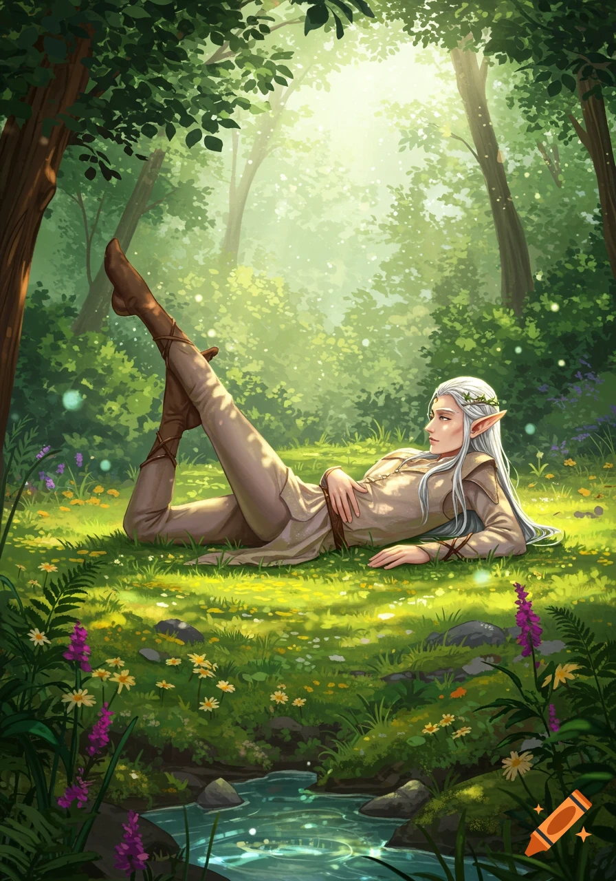 An elf with long white hair and pointed ears lies on her stomach in a sunlit forest, surrounded by green foliage, flowers, and a small stream.