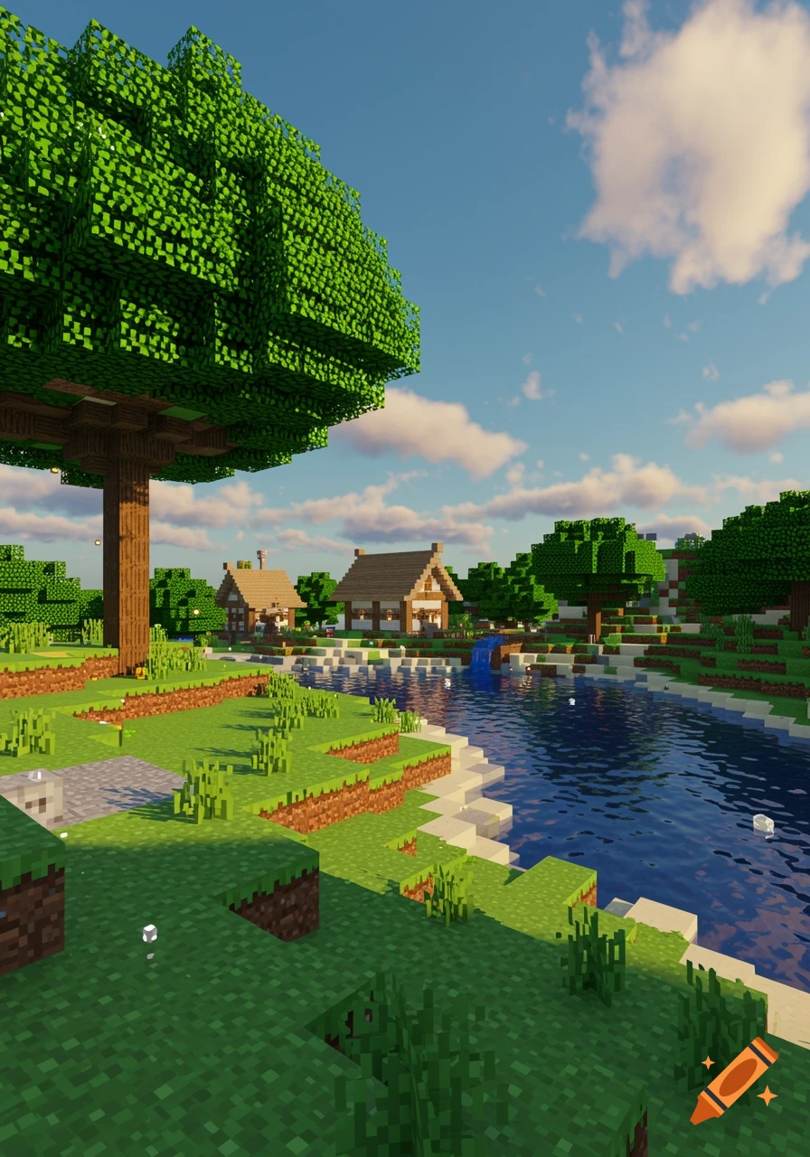 A vibrant Minecraft-style blocky landscape with a river, green hills, large trees, and houses under a blue sky.