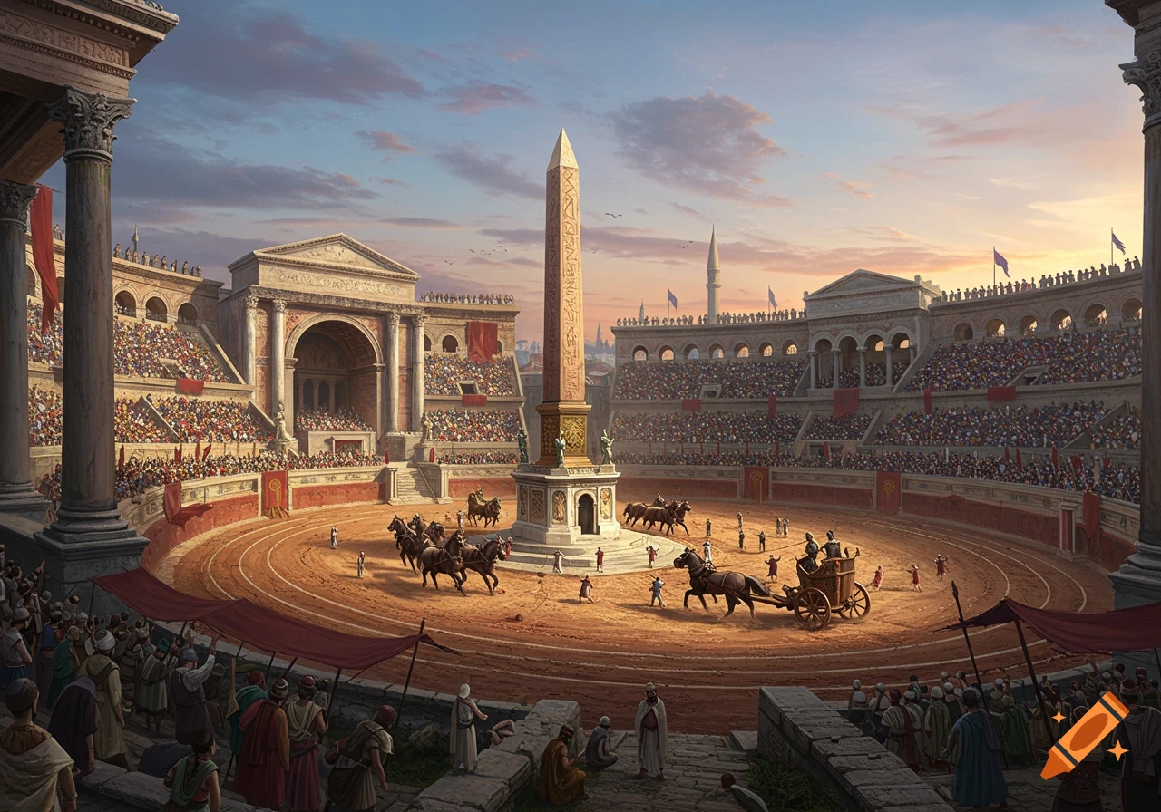 A detailed view of a large ancient Roman stadium with a chariot race underway, an obelisk at its center, and crowds watching under a dramatic sky.