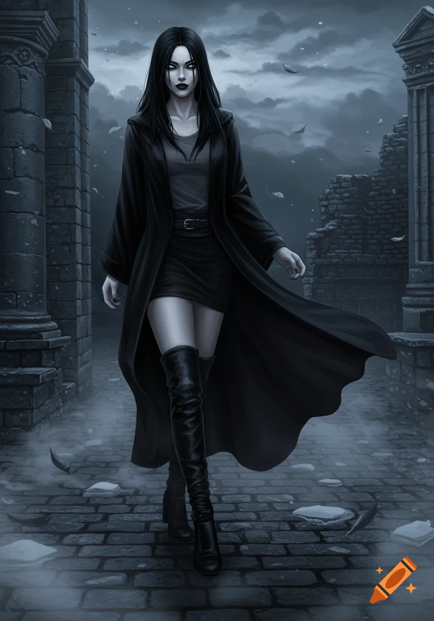 A pale woman with long black hair, in a black coat, short skirt, and knee-high boots, walks through dark ruins under a cloudy sky, in a digital art style.
