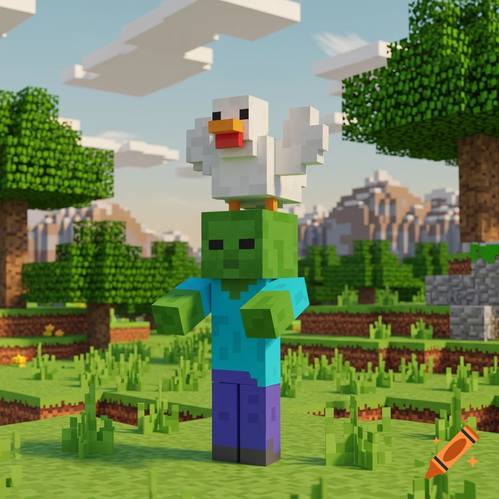 A blocky white chicken stands on top of a green zombie character in a pixelated Minecraft landscape.