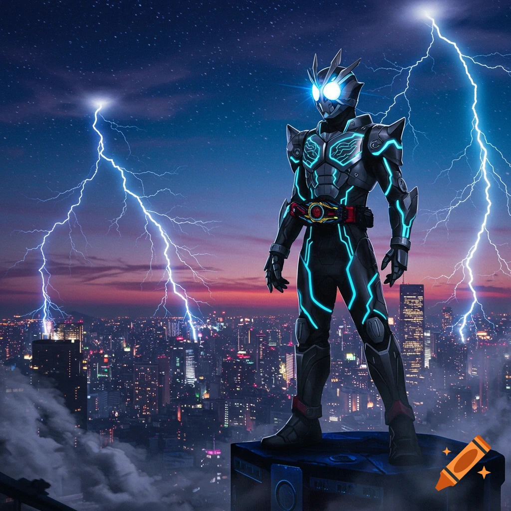 A dark armored superhero with glowing blue lines stands on a rooftop overlooking a futuristic city at night with lightning.