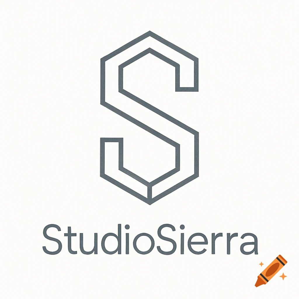 A minimalist logo for StudioSierra, featuring a stylized grey 'S' inside a hexagonal outline above the company name.