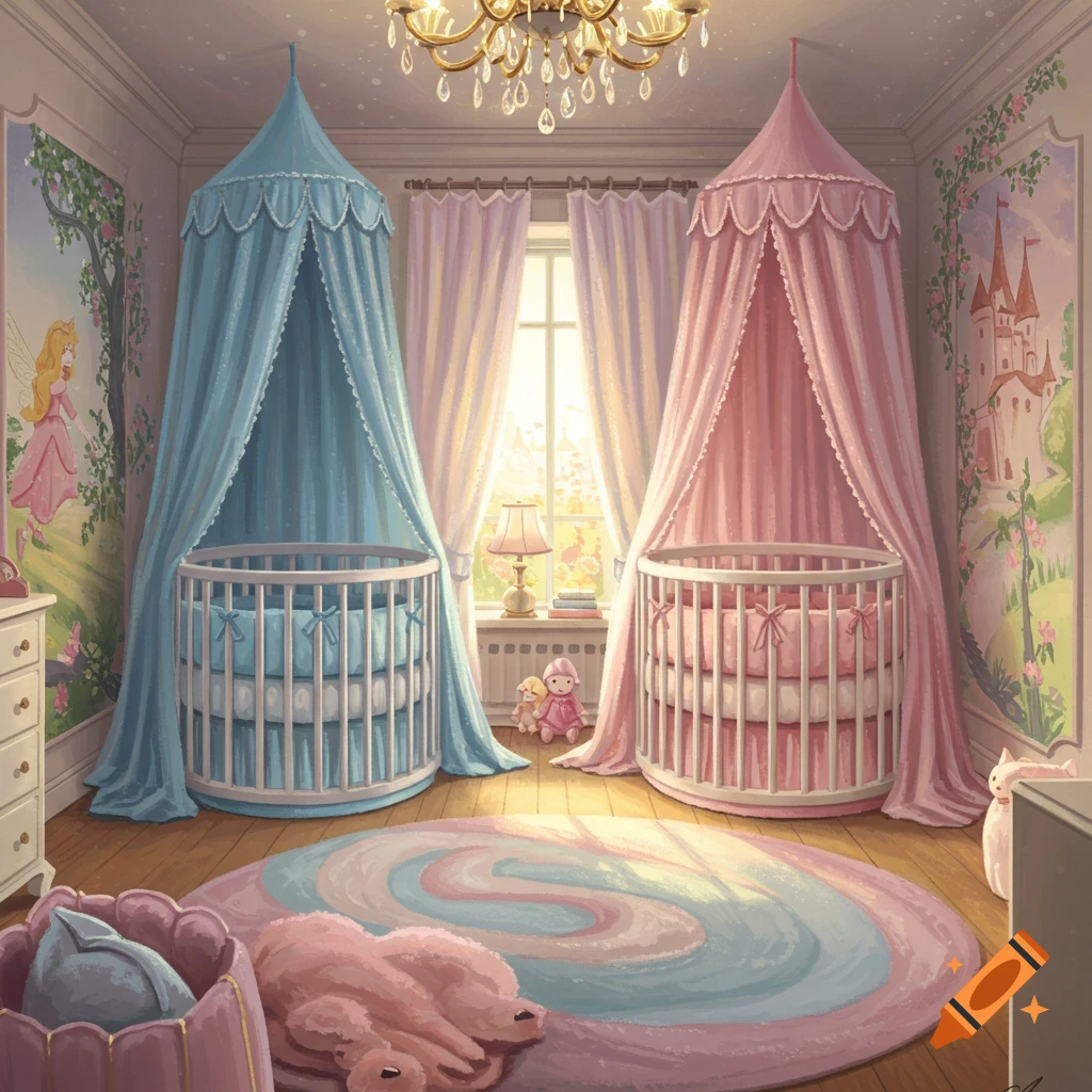 A whimsical twin nursery room with blue and pink princess canopy cribs, fairytale wall murals, a chandelier, and a colorful round rug.