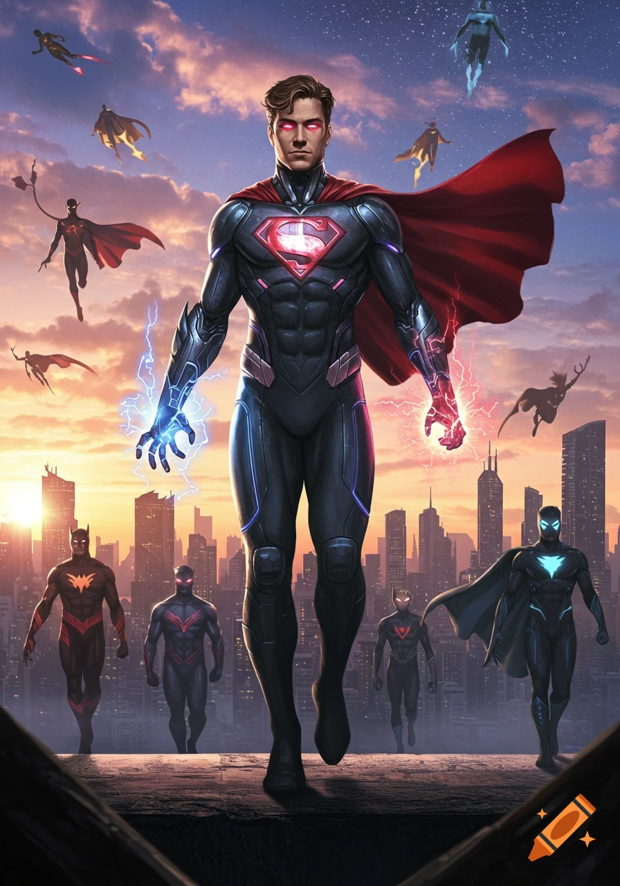 A powerful superhero resembling Superman with glowing red and blue hands stands on a rooftop overlooking a city at sunset, surrounded by other flying and standing superheroes.