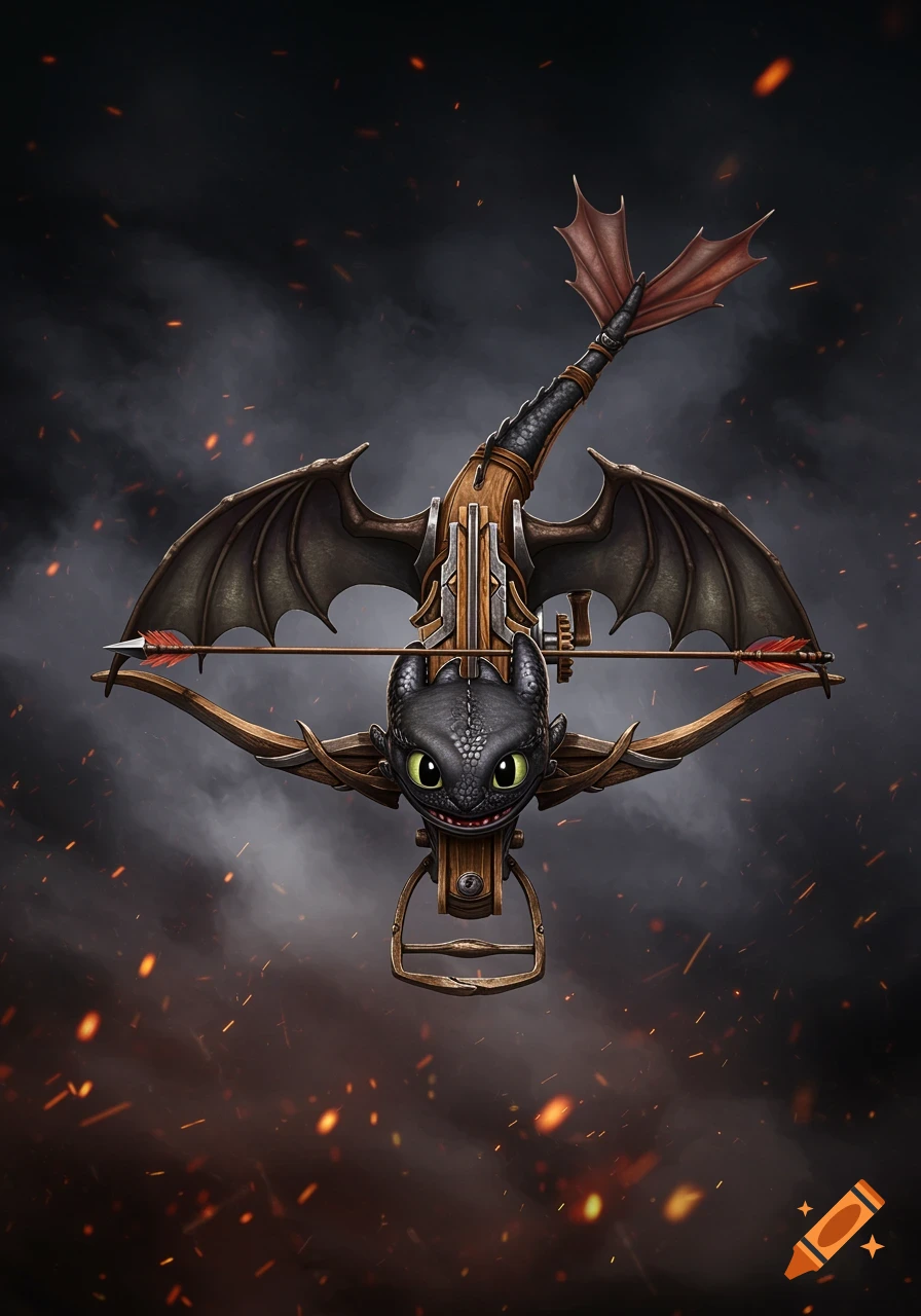 A fantasy medieval crossbow designed to look like the dragon Toothless, set against a dramatic smoky background with embers.