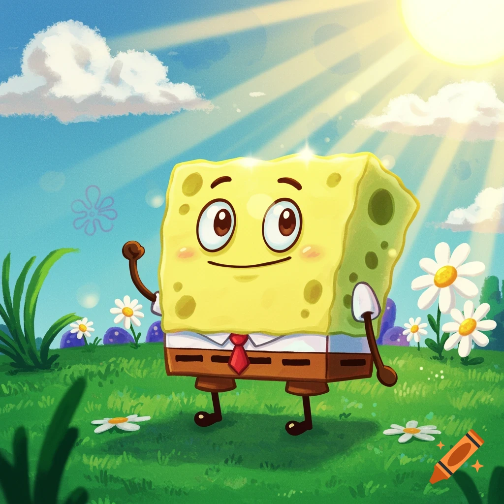 A vibrant cartoon depiction of a yellow sponge-like character, resembling Spongebob, standing in a sunny green field with white daisies under a blue sky.