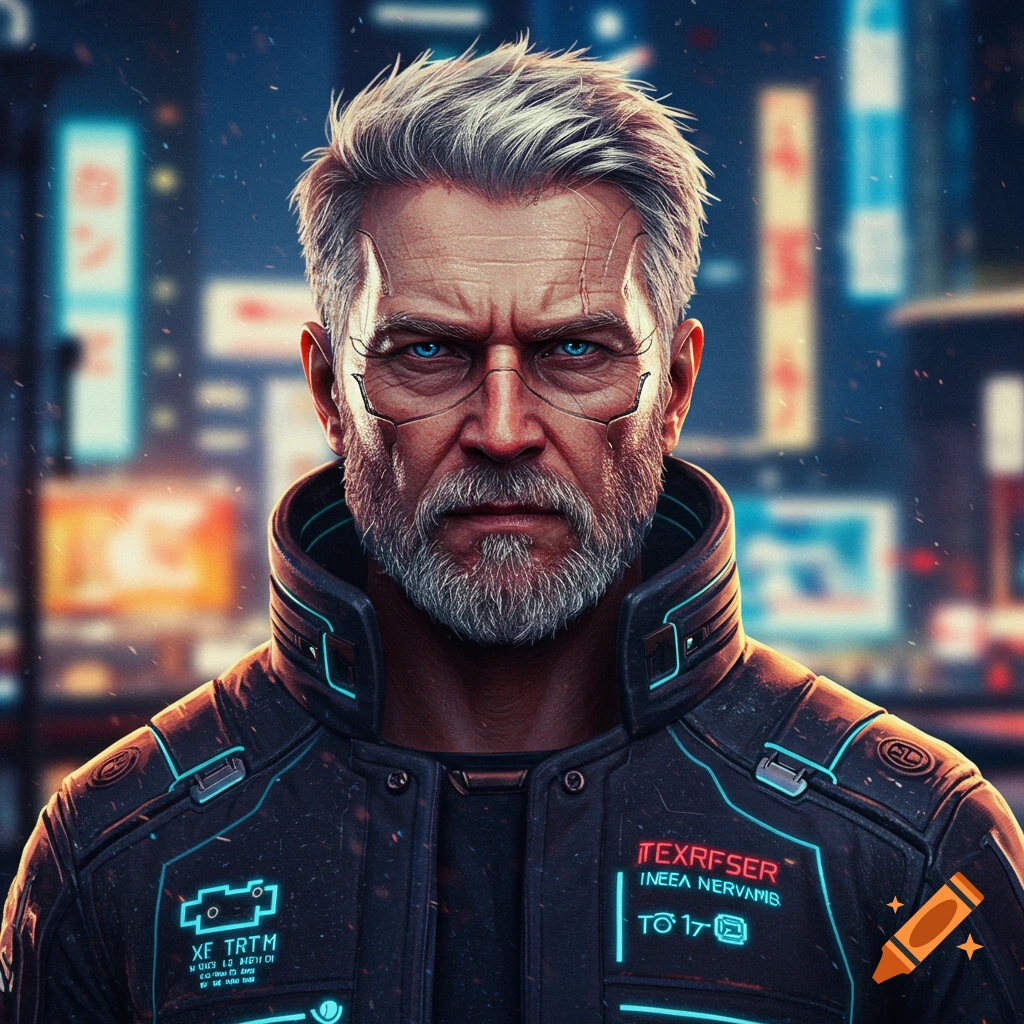 A photorealistic portrait of an older man with white hair, blue eyes, facial cybernetics, and a glowing futuristic jacket in a neon city.
