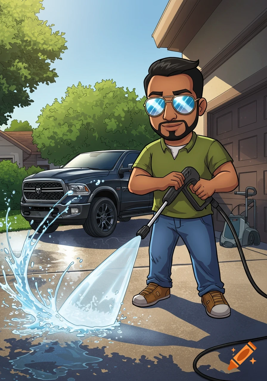 Cartoon of a man in sunglasses and beard power washing a driveway with a black pickup truck parked in the background.