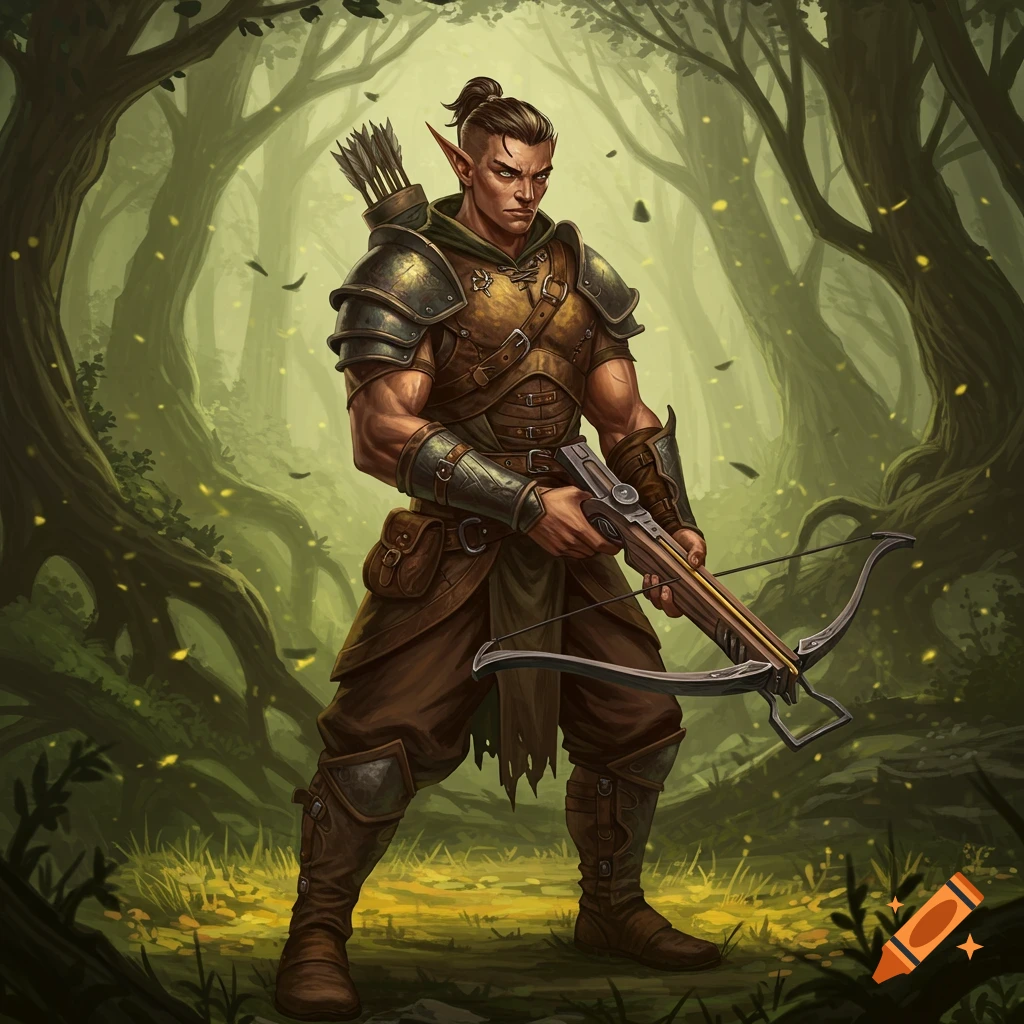 A male half-elf warrior with a topknot holding a crossbow in a magical forest.