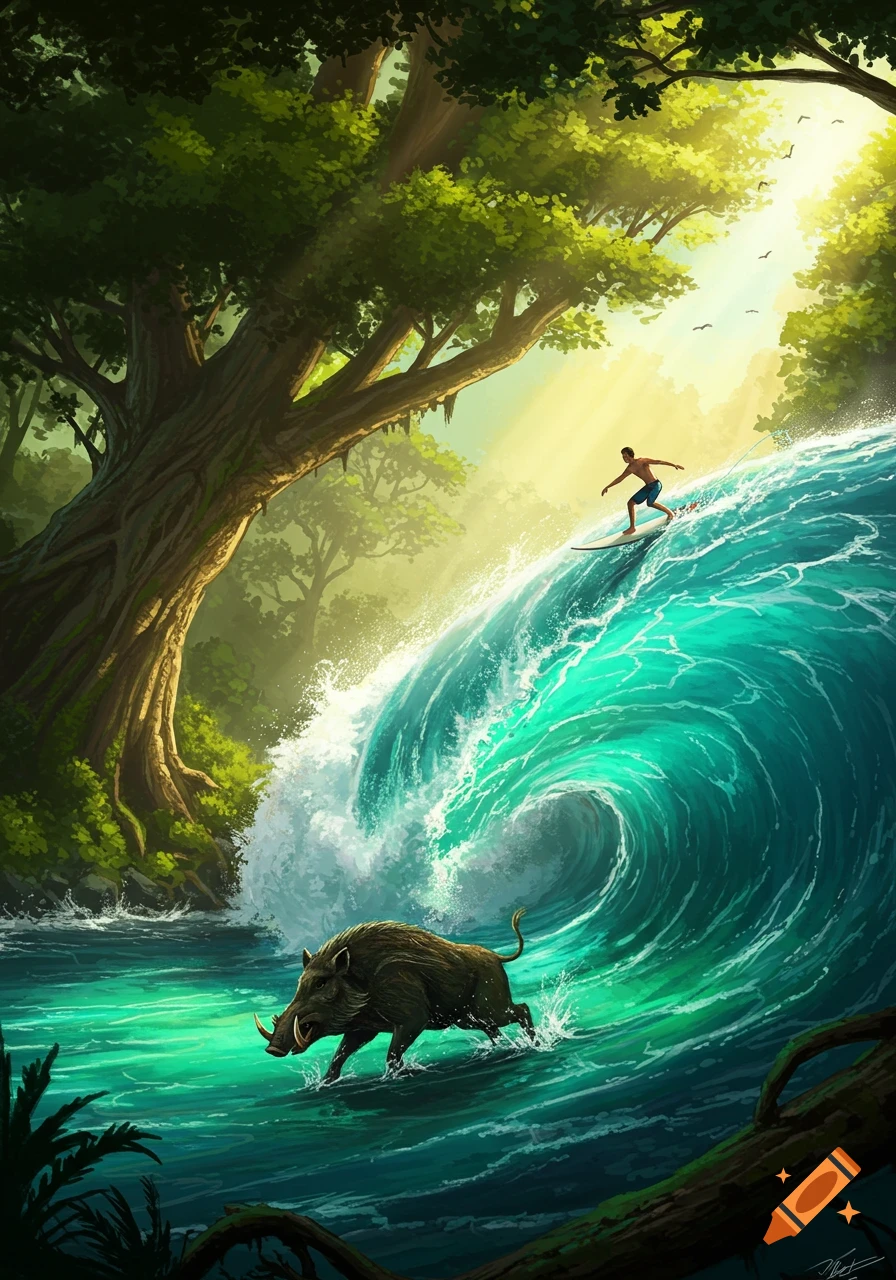 A dynamic illustration of a surfer on a large turquoise wave in a lush forest, with a wild boar running through the water below.