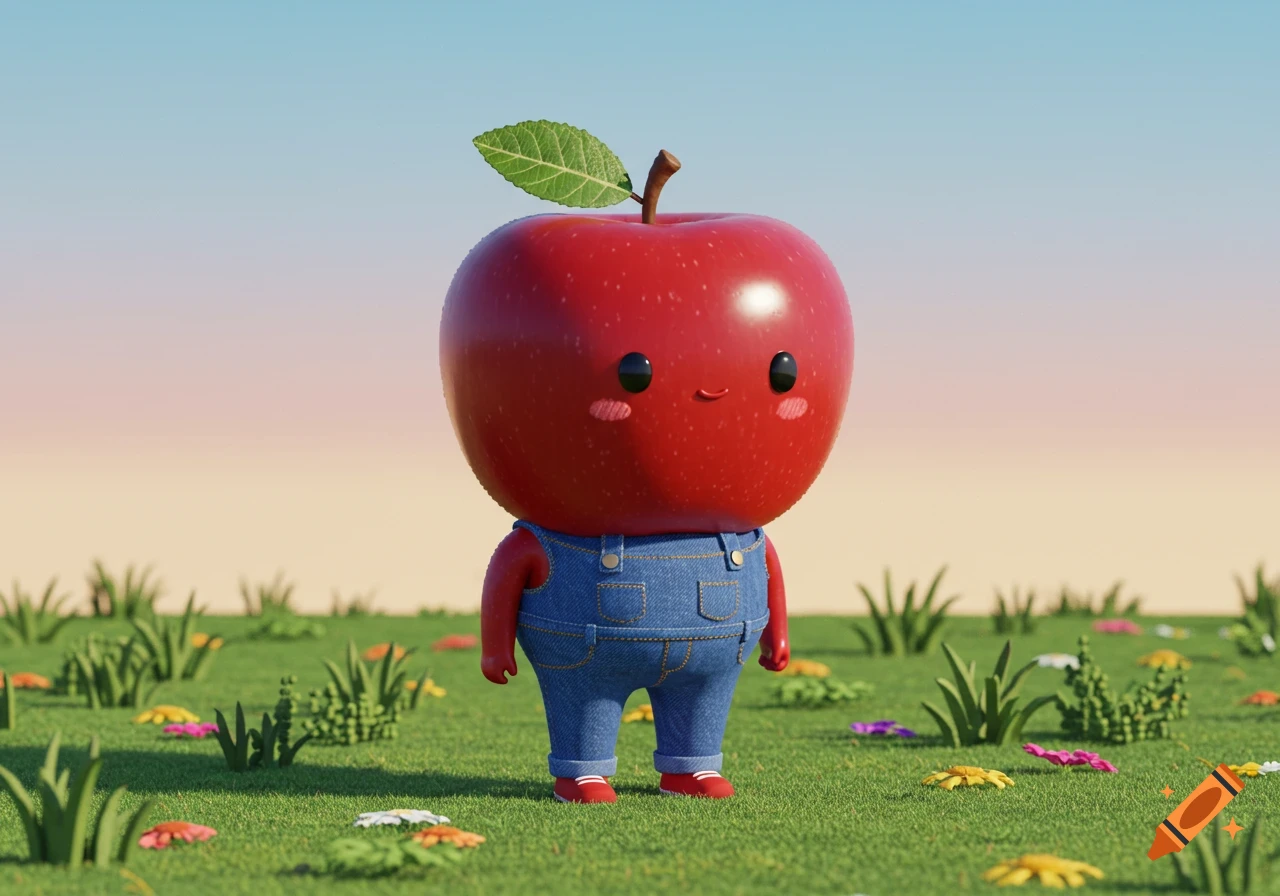 A cute, smiling 3D apple character wearing blue jean overalls stands in a sunny grassy field with small colorful flowers.