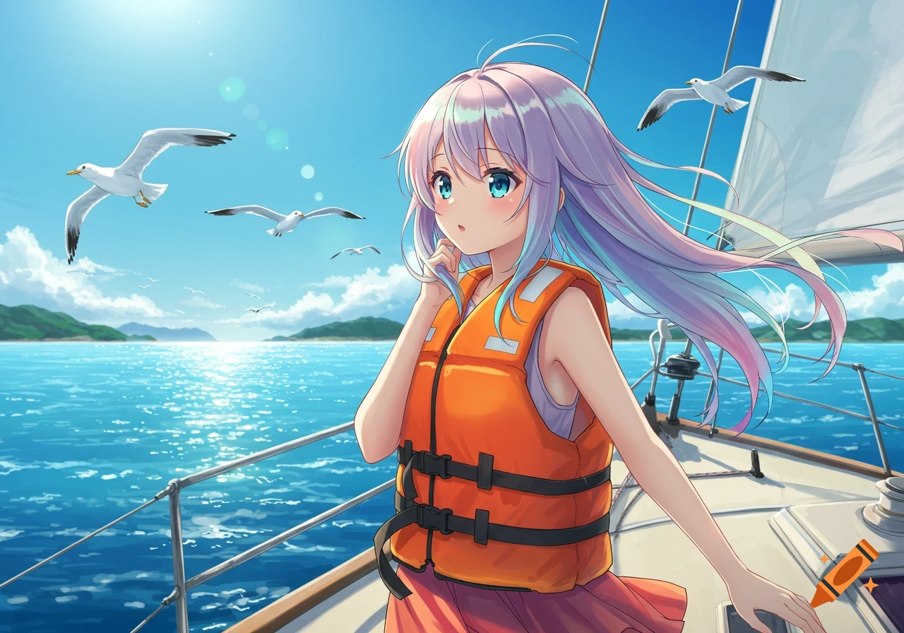 Anime girl with lavender hair and blue eyes wearing an orange life vest on a sailboat, with seagulls flying over a bright blue sea.