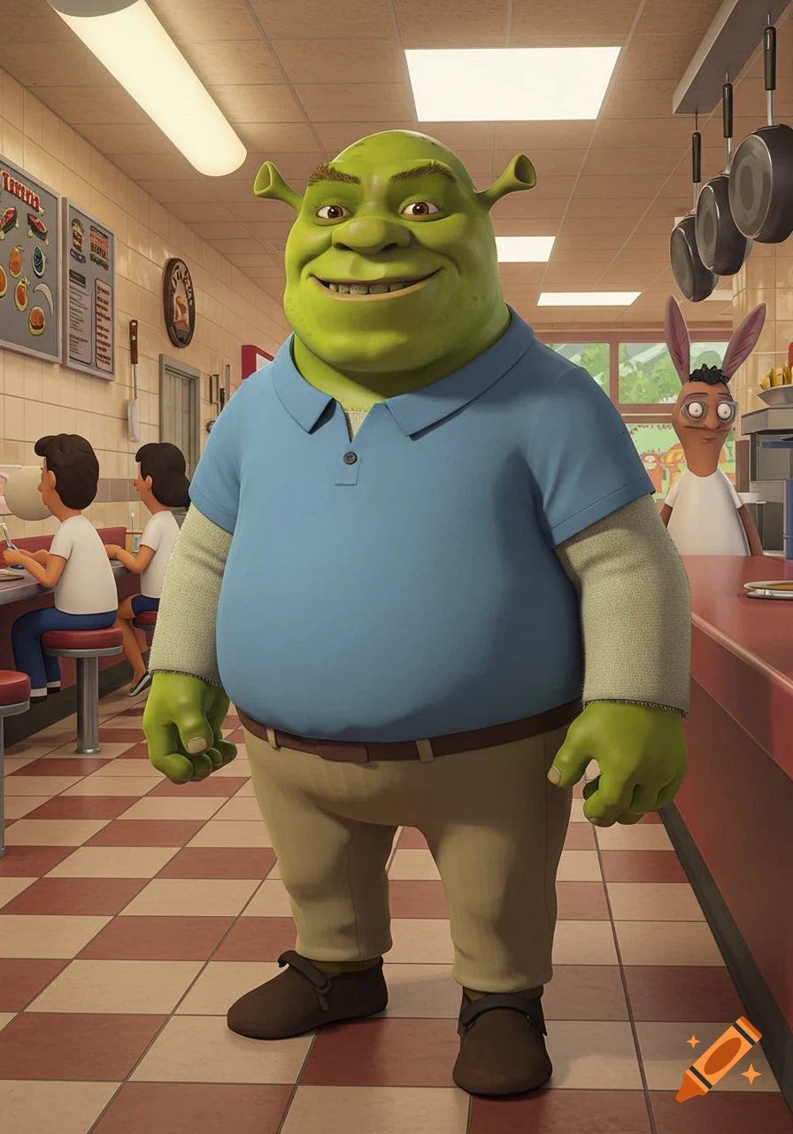 Shrek, dressed as Teddy from Bob's Burgers, smiles in a brightly lit diner with patrons and a character resembling Bob in the background.
