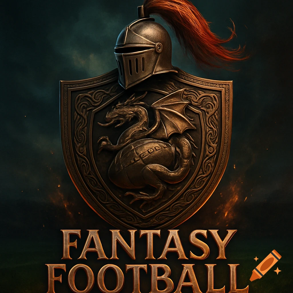 A knight's helmet atop a shield featuring a dragon and football emblem, with 'FANTASY FOOTBALL' text below. Dark background.