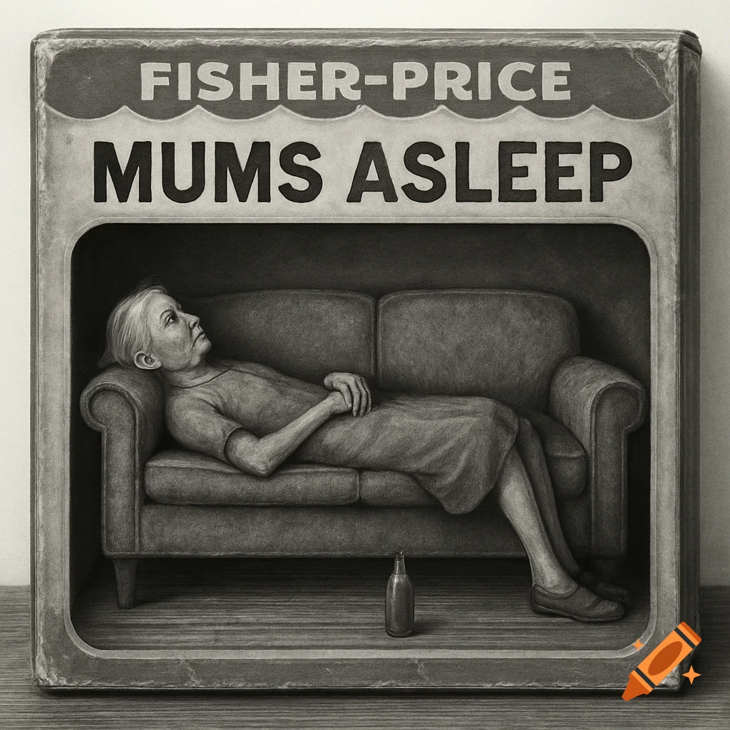 Black and white illustration of a woman lying on a sofa inside a "Fisher-Price Mums Asleep" toy box with a bottle on the floor.