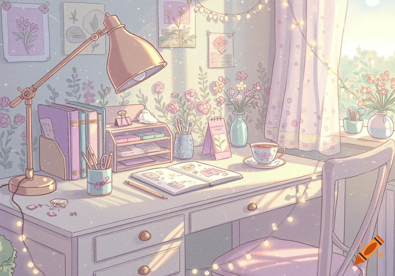 A pastel-colored anime-style study desk with books, a lamp, a teacup, and flowers, bathed in sunlight.