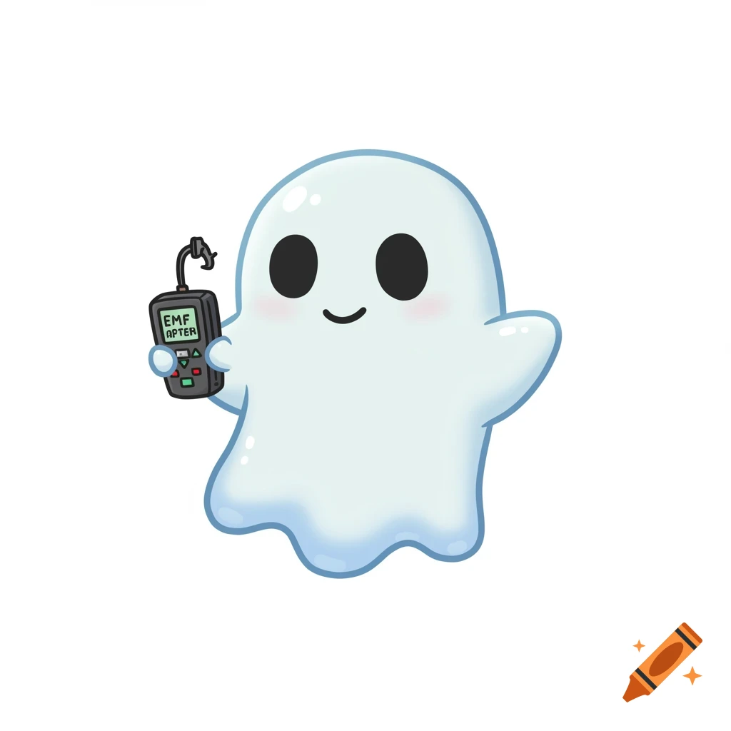 A cute chibi cartoon ghost with black eyes and rosy cheeks holds a small black EMF reader. The ghost is light blue and white.