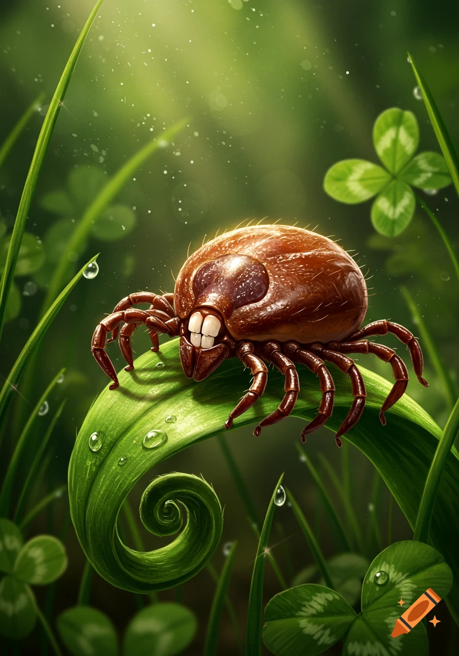 A whimsical, detailed illustration of a cartoon tick with buckteeth sitting on a dew-covered green leaf among grass and four-leaf clovers.