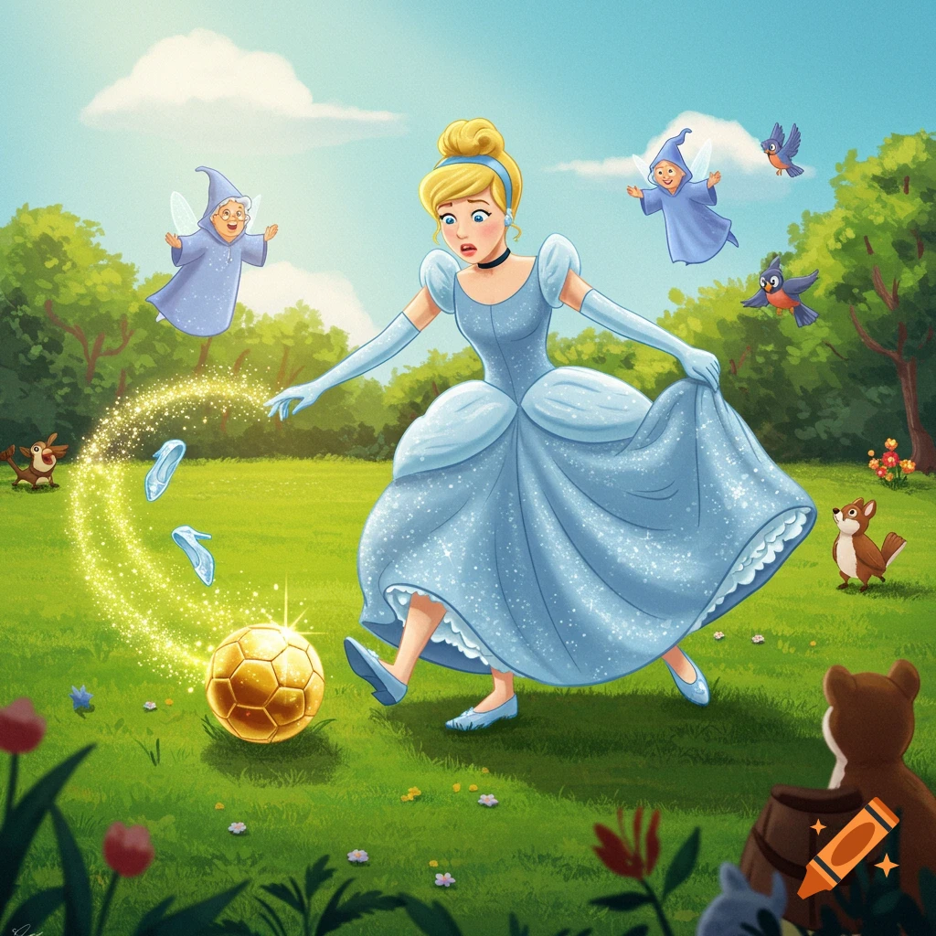 Cinderella awkwardly kicks a golden soccer ball, her blue glass slippers flying off, while fairy godmothers and forest animals watch in a vibrant cartoon illustration.
