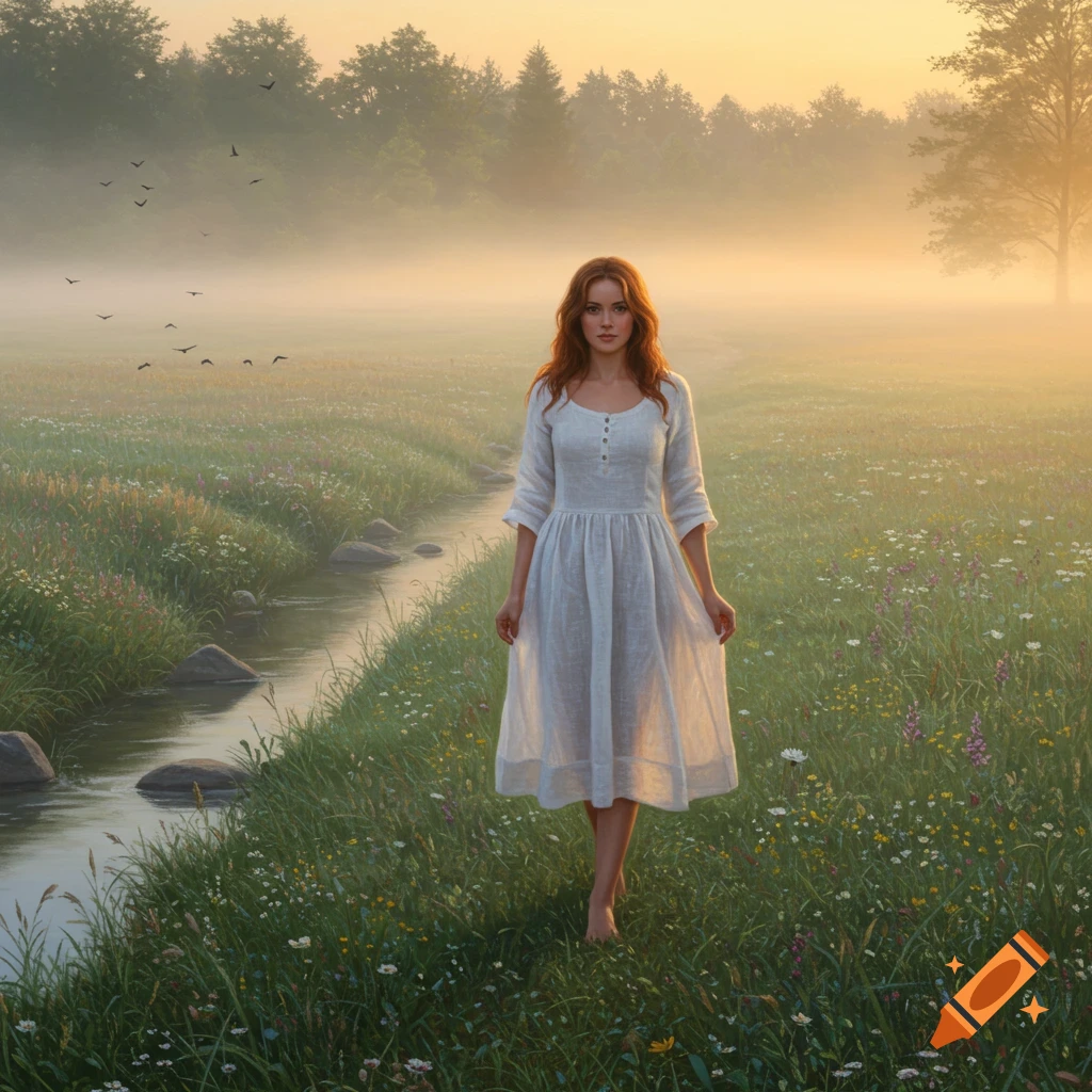 A woman with red hair in a white dress walks barefoot through a misty, grassy field next to a stream at sunrise.