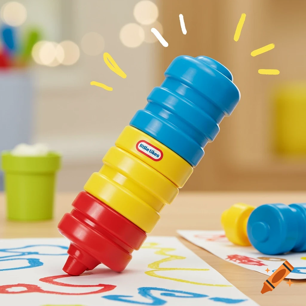 A colorful Little Tikes children's wax pen toy stands upright on paper with doodles, with another piece on the table. Photorealistic.