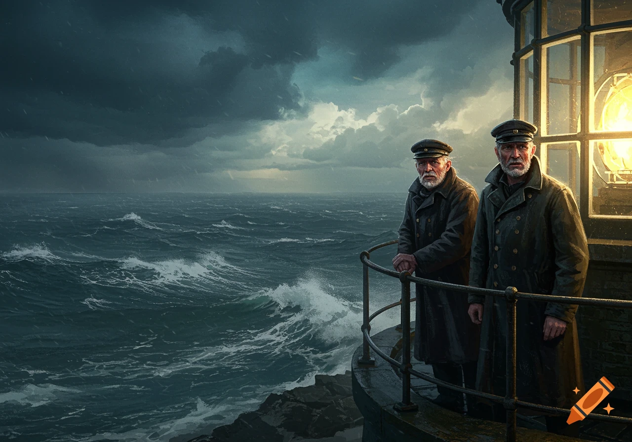 Two weathered lighthouse men stand on a lighthouse balcony, overlooking a stormy, dark ocean with crashing waves and a dramatic sky.