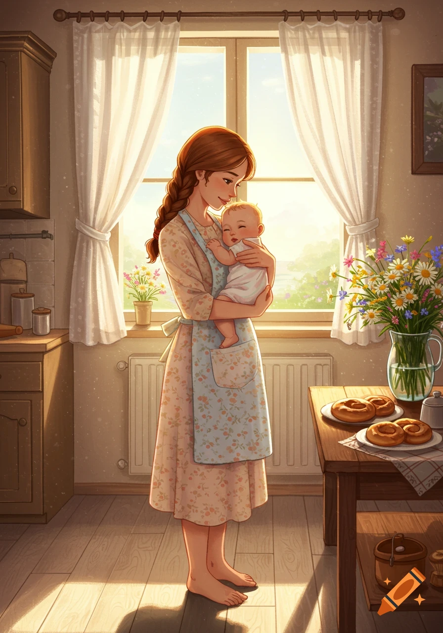 A mother with long braided hair holds a smiling baby in a sunlit kitchen with pastries on a table and flowers.