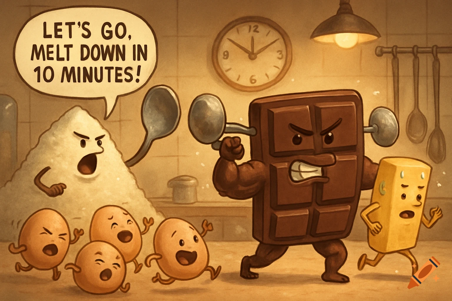 Cartoon image of anthropomorphic food items in a kitchen. A large pile of sugar with a face yells from a speech bubble. A chocolate bar with muscles lifts spoon barbells, while a stick of butter runs, sweating. Eggs with faces run in the foreground.