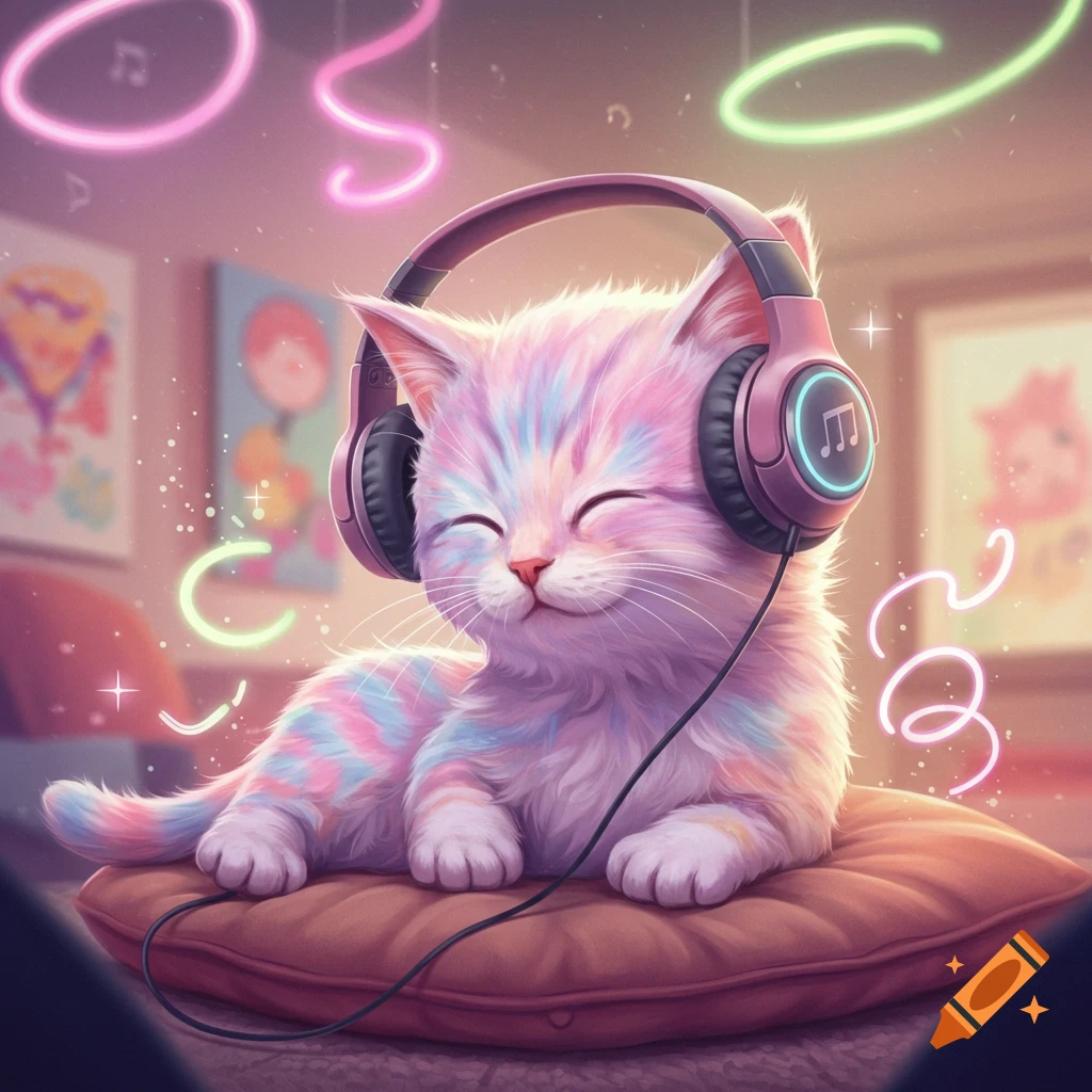 A cute tie-dye kitten lies on a cushion, wearing pink headphones with a musical note symbol, with neon glow trails around it.