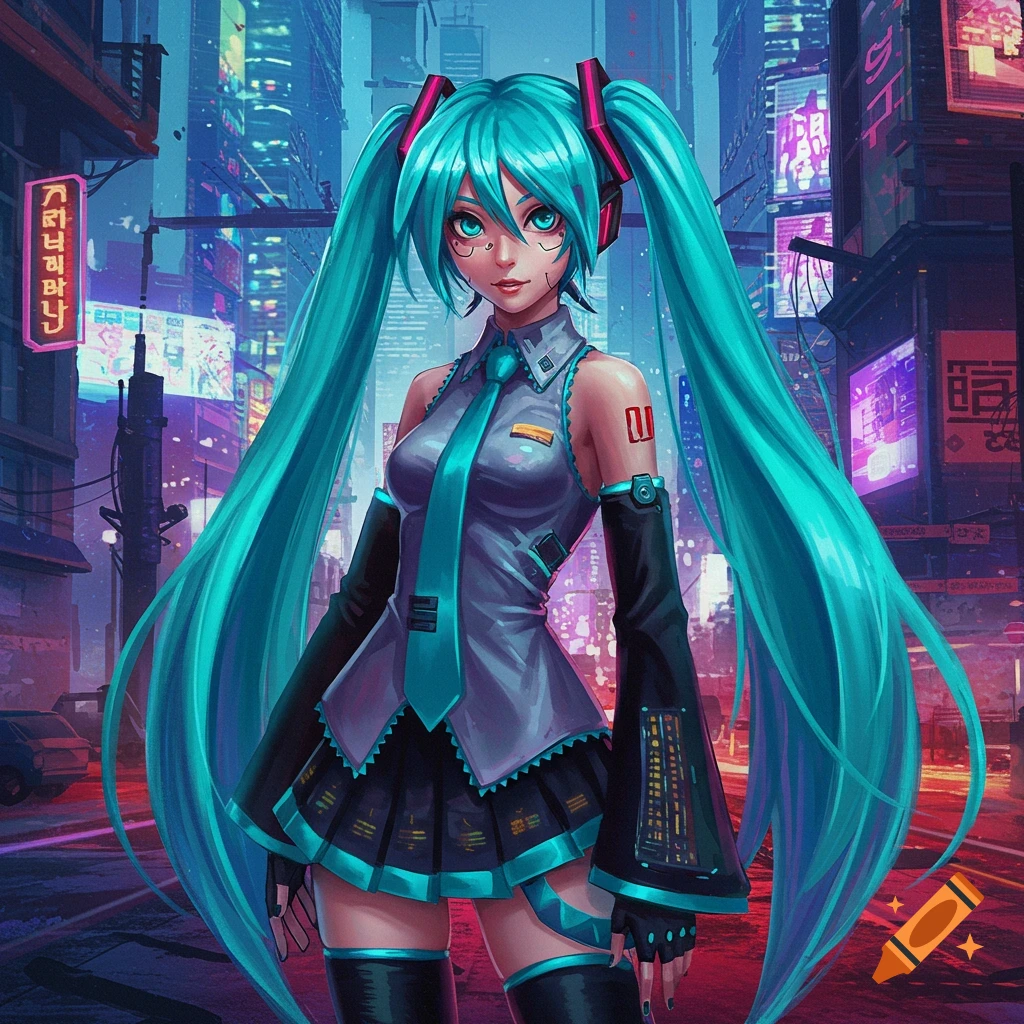 Hatsune Miku in a cyberpunk city, wearing a grey and black outfit with long teal pigtails, surrounded by neon signs.