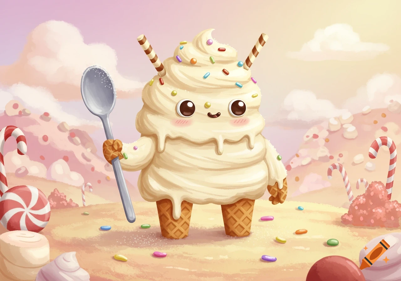 A cute vanilla ice cream monster with sprinkles and wafer sticks holds a spoon in a whimsical candy land.