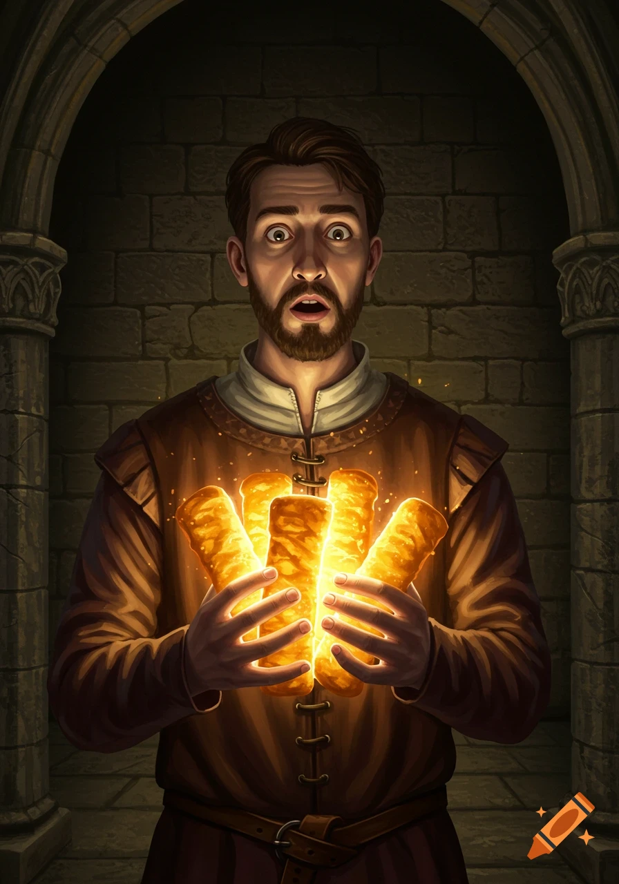 A surprised medieval man holds several glowing, golden objects resembling mozzarella sticks in a dark stone chamber.