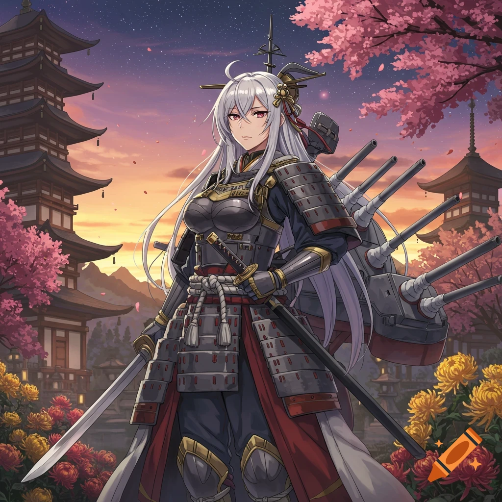 Anime girl in samurai armor with ship cannons on back, holding katanas, in Japanese landscape with pagodas and cherry blossoms.
