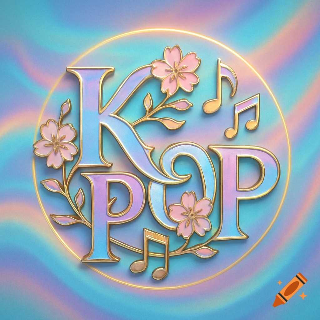A stylized KPOP logo with iridescent blue and pink letters, gold outlines, pink cherry blossoms, and golden musical notes on a swirling iridescent background.