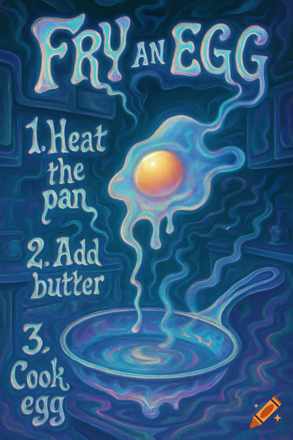 Psychedelic illustration showing step-by-step instructions to fry an egg, with liquidy, melting text and an ethereal egg floating over a pan.