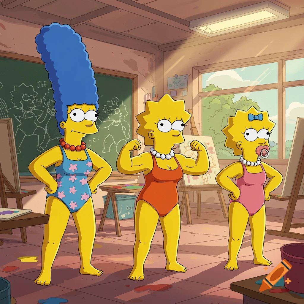Marge, Lisa, and Maggie Simpson in swimsuits flexing muscles in an art classroom, cartoon style.