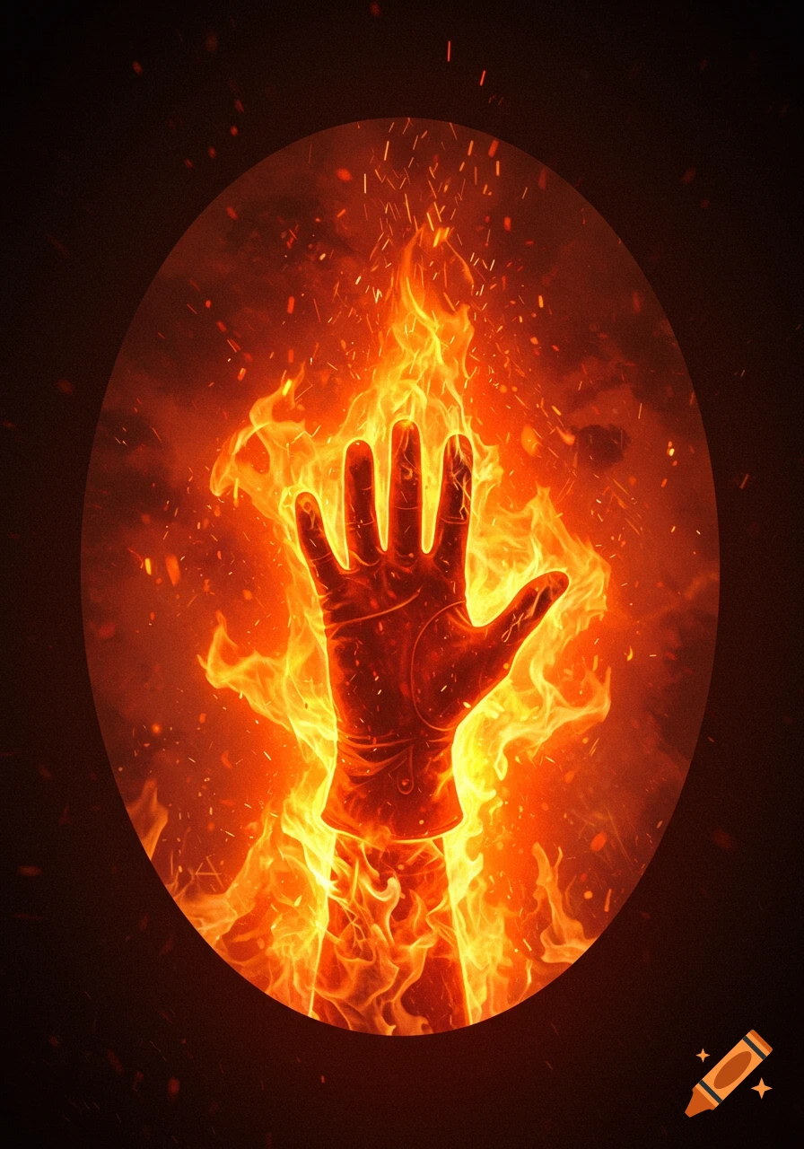 A gloved hand reaches out from a vibrant orange fire within an oval frame.