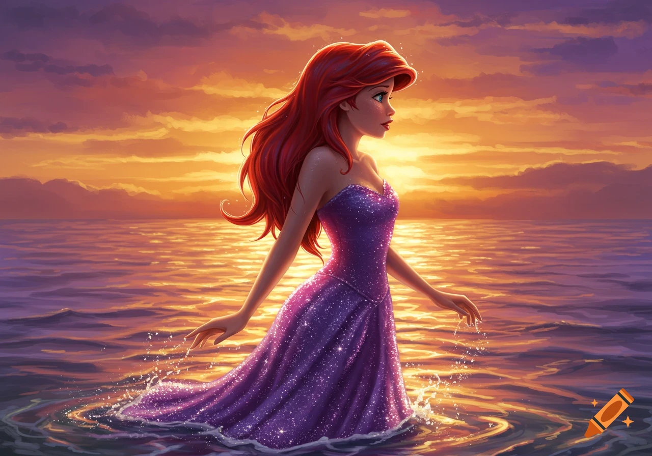 Ariel, the Disney princess, in a sparkling purple dress standing in water at sunset.