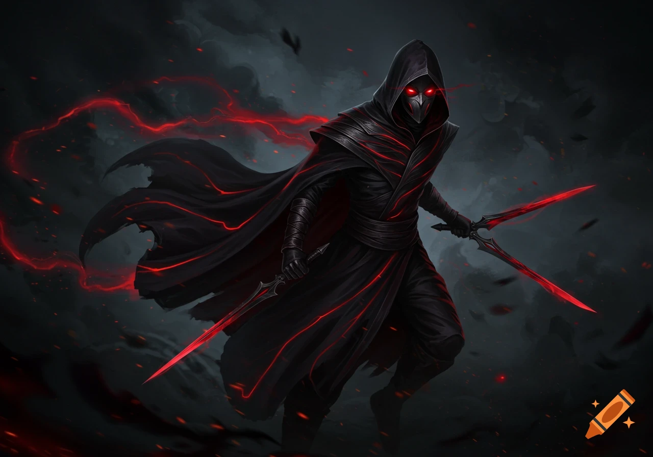 A dark cloaked figure with glowing red eyes and glowing red dual blades stands against a smoky, dark background.