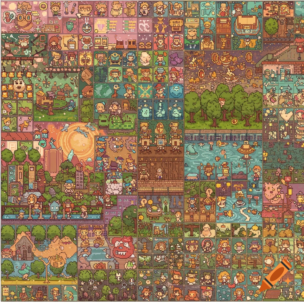 A colorful pixel art mosaic depicting a reference sheet of various characters, creatures, landscapes, and objects in a video game style.