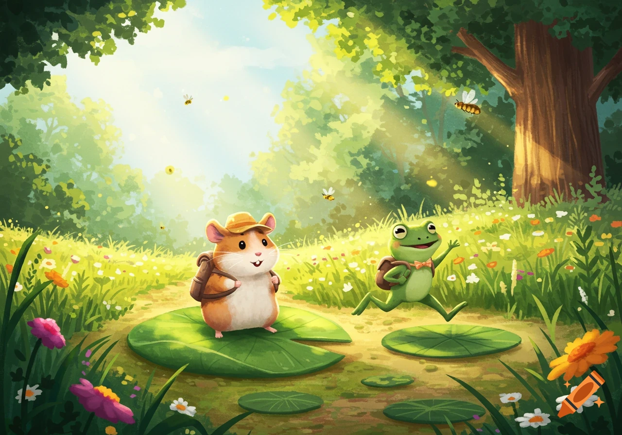 A cute illustrated hamster and frog with backpacks on a sunny forest path with flowers and lily pads.